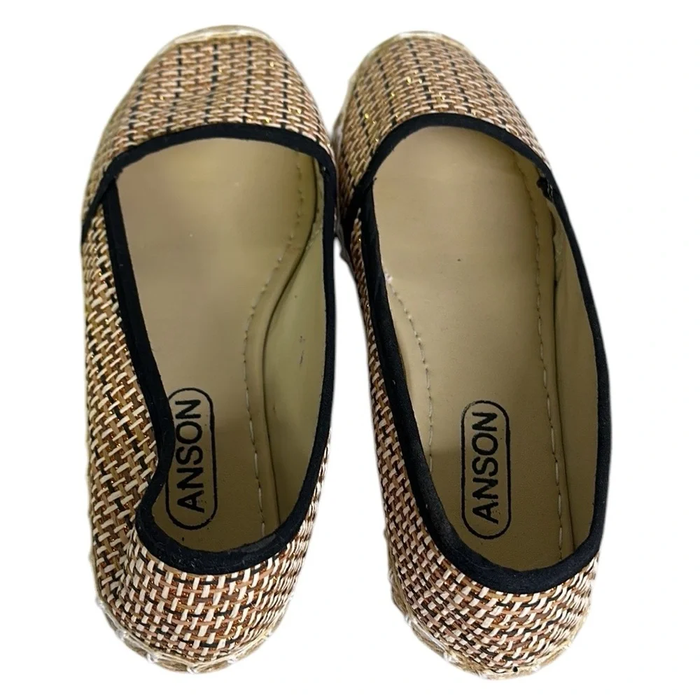 Anson Espadrille Flats Tan Black and Metallic Copper Woven Raffia Shoes Womens 7